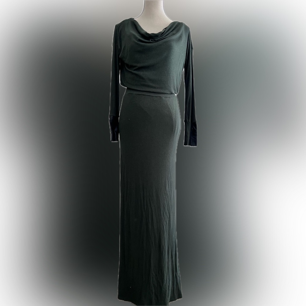 Bordeaux green maxi dress long sleeve faux leather sleeve Anthropologie sz s